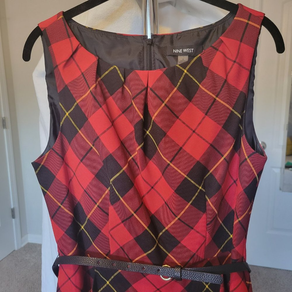 Nine West Plaid Sheath Dress with Pleated Neckline & Pockets